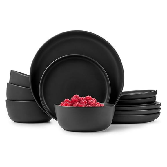 Dinnerware Sets, Stoneware 12-Piece for 4, Matte Black Plates and Bowls - Modern Kitchen Dishes Service