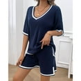 thumbnail image 4 of SWSMCLT Women's Knit 2 Piece Outfit Short Sleeve Shorts Set Drawstring Lounge Set Summer Comfy Casual Tracksuits V Neck Fall Soft Navy X-Large, 4 of 5