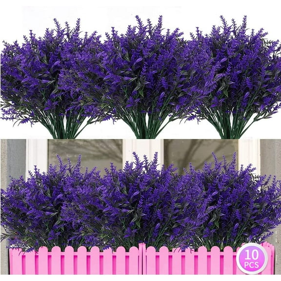 10 Bundles Artificial Lavender Flowers Artificial Flowers and Plants UV Resistant Plastic Outdoor Indoor Purple Fake for Home Decor Spring Garden Farmhouse Porch Pot Window Box Wedding Home