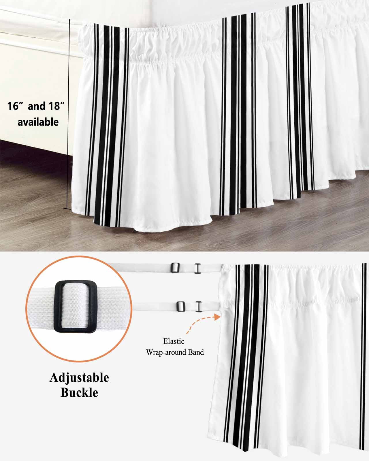 Black White Stripe, Wrap Around Bed Skirts for California King Bed 18" Drop, Bed Skirt with Adjustable Elastic Belt Dust Ruffle Bed Valance for Bedroom Hotel Luxury Abstract Geometric Bed Frame Cover