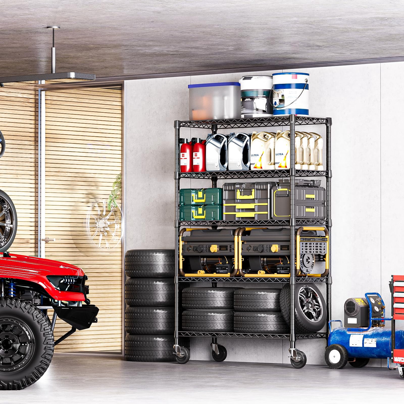 IZEUK 5-Tier Adjustable Wire Shelving Unit with Wheels, Heavy Duty Storage Rack for Garage, 47.2"W x 76.7"H x 17.7"D, Black