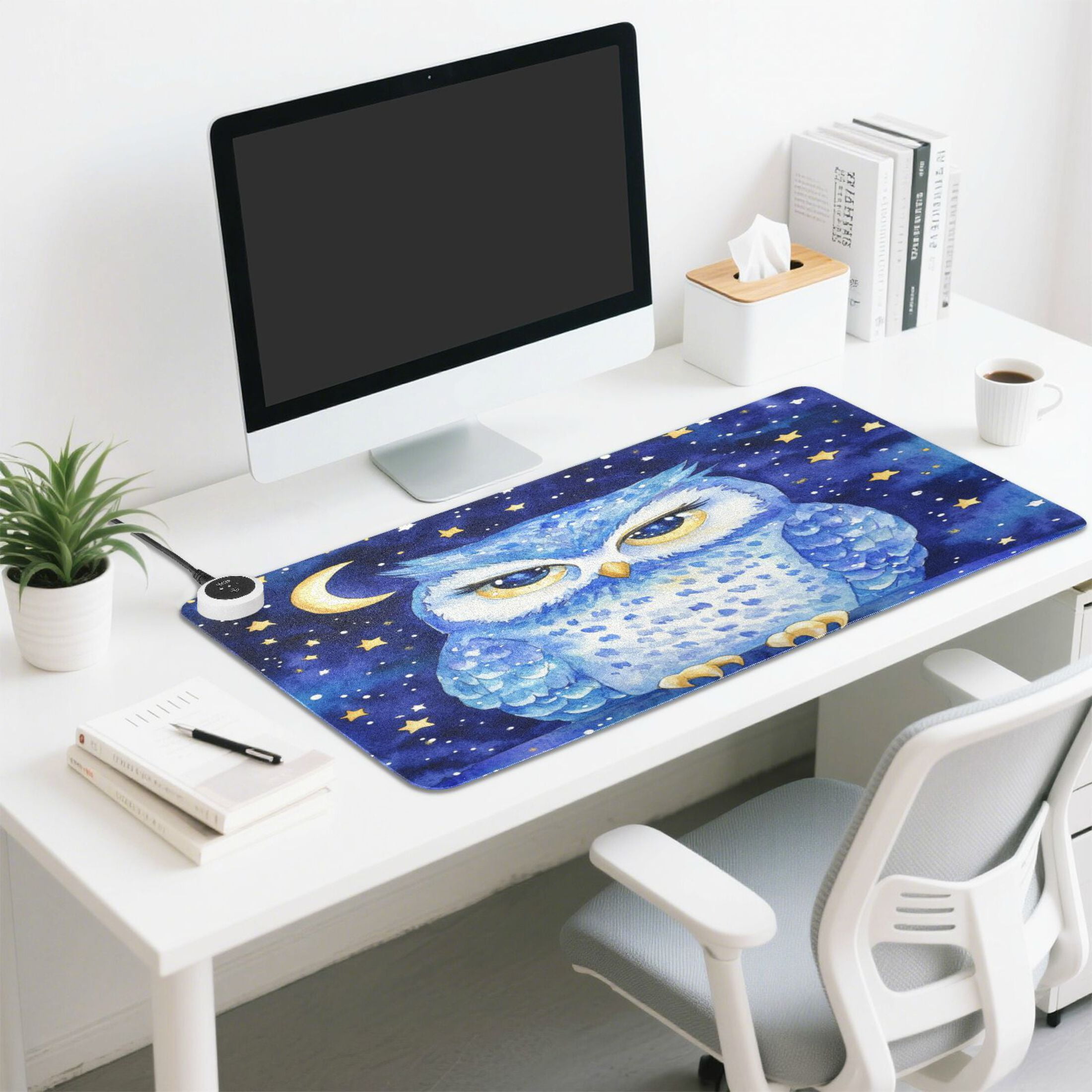 Wobogo Blue Starry Owl Heated Mouse Pad Extra-Large Desk Mat With 3 Heating Levels and 3-hour Auto Shut-Off Protection Ideal for Computer Keyboards Home Office Hand-warming Essential 31.5in × 13in