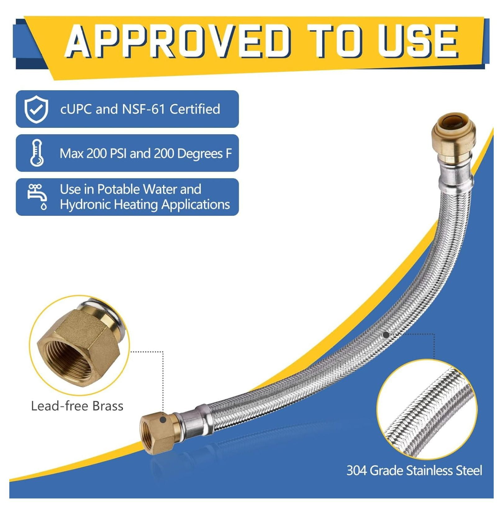 2-Pack 12 Inch Flexible Water Heater Connector,1/2 Inch Push-fit x3/4 Inch FIP, Stainless Steel Braided Hose(HOSE030-2Pack)
