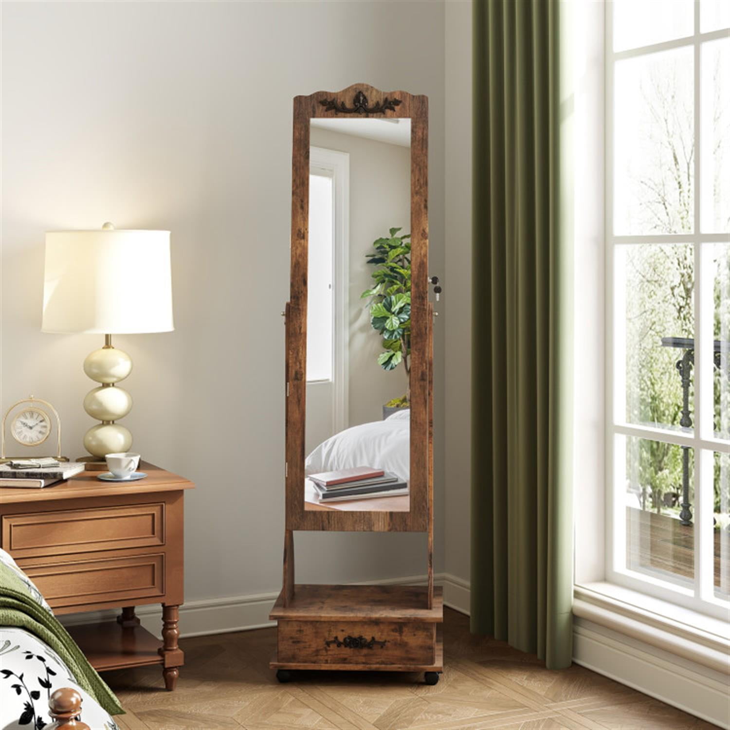 Demi Bonn Freestanding Rolling Floor Standing Mirrored Jewelry Armoire with Lock and Drawers, Lockable Makeup Storage Organizer, Brown