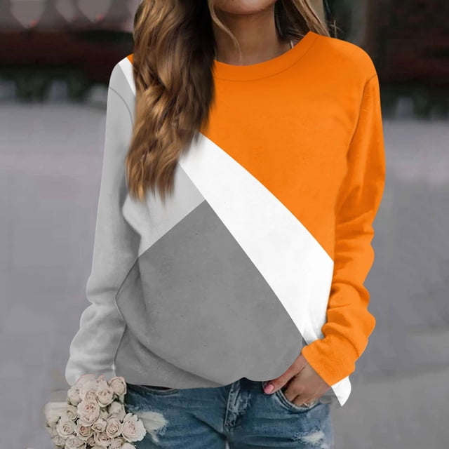Sentmoon Tunique Mode Pull à Manches Longues pour Femmes Imprimé Col Rond Décontracté Chemises à Manches Longues pour Femmes Tops d'Entraînement Tendance Surdimensionnés pour Femmes Orange TTG Offres du Jour Liquidation