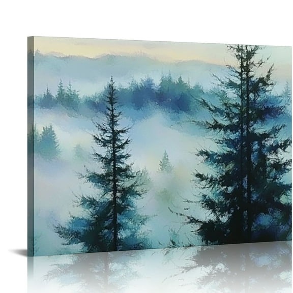 FCXZI Large Misty Forest Canvas Wall Art Foggy Landscape Picture, Blue Nature Pine Tree Scenery Painting Textured Artwork for Living Room Bedroom Bathroom Kitchen Office Home Decor 16x12in