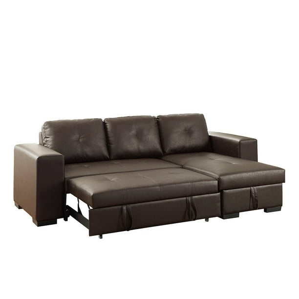 Reversible Espresso Faux Leather Convertible Sectional Sofa Set with