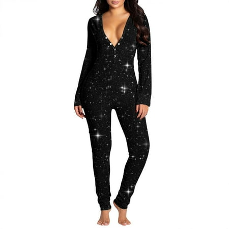 

PEONAVET Womens Jumpsuit Pajamas Functional Buttoned Flap Adults Solid Jumpsuit Sleepwear Button-Down Front Romper Pajamas Christmas Gifts For Women