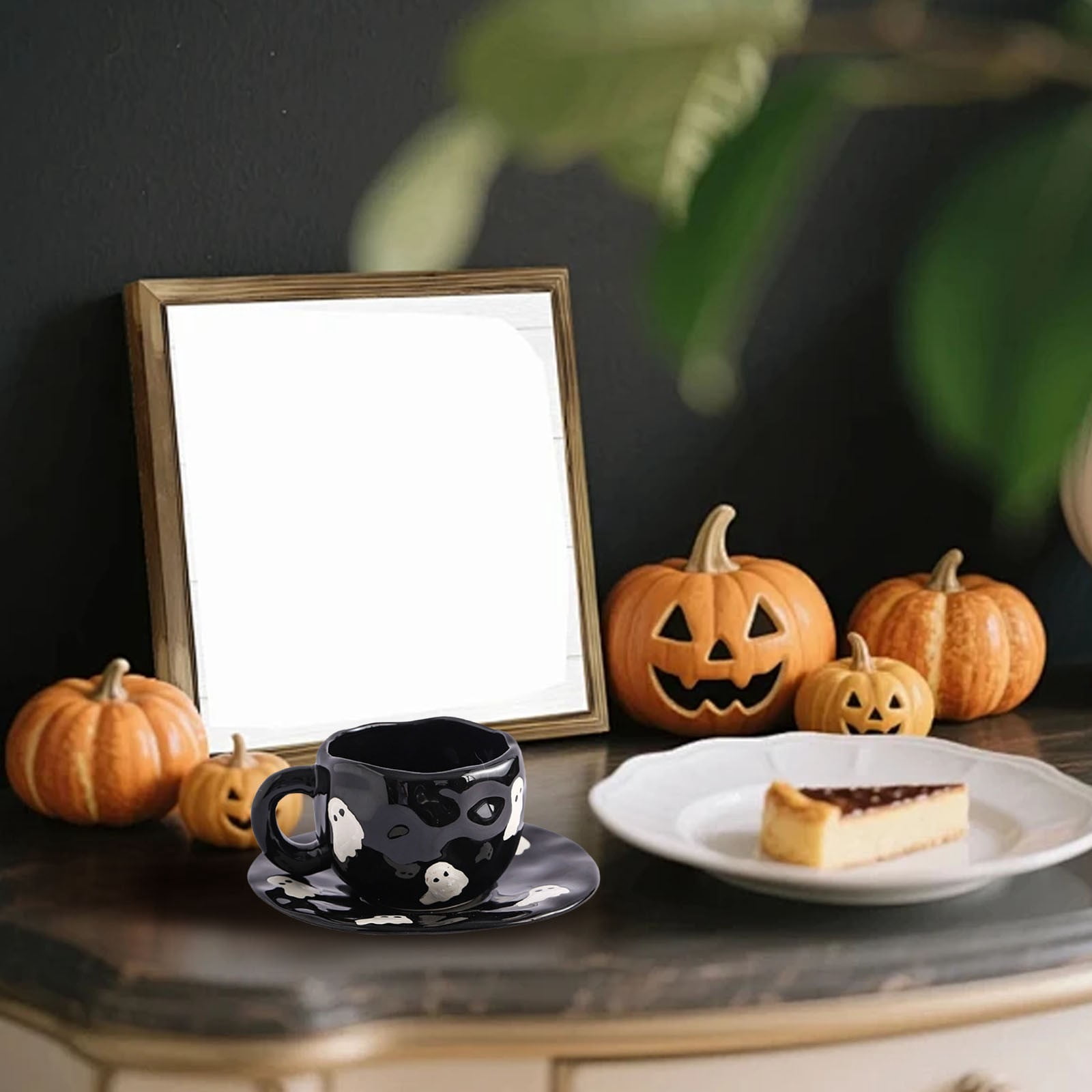 Halloween Mug, Ceramic Tea Cup and Saucer Set with Jack-O'-Lantern