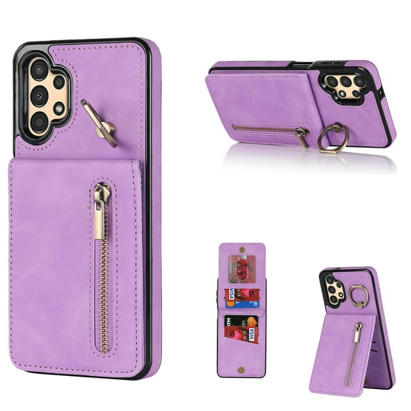 Mantto Wallet Case for Samsung A14 5G, Slim Premium Credit Card Slot, Zipper Wallet Case with Ring Holder Kickstand Leather Magnetic Flip Back Shockproof Cover for Samsung Galaxy A14 5G, Purple