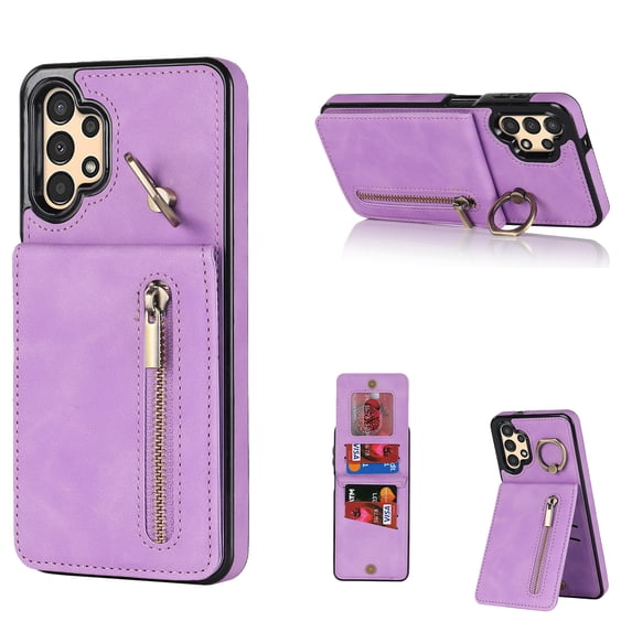 Mantto Wallet Case for Samsung A14 5G, Slim Premium Credit Card Slot, Zipper Wallet Case with Ring Holder Kickstand Leather Magnetic Flip Back Shockproof Cover for Samsung Galaxy A14 5G, Purple