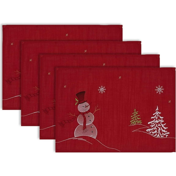 Embroidered Holiday Table Décor Collection Christmas Kitchen, Snowman Placemat Set, 12x18, Red, 4 Piece