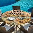 thumbnail image 5 of Brown Thanksgiving Pumpkin Round Tablecloth 55-60 Inch Round Fitted Table Cloth with Elastic Edge, Fall Sunflowers Maple Retro Plaid Waterproof Table Cover Protector for Outdoor Picnic Party Dining, 5 of 6