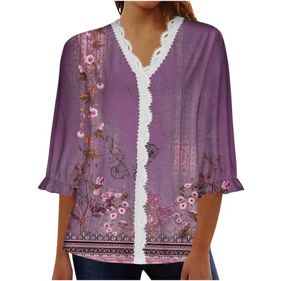 LEAVINGSUO 2023 Fall Womens Tops Plus Clearance Women's Fashion Lace Printing Loose T-Shirt 3/4 Sleeves Blouse V-Neck Casual Tops