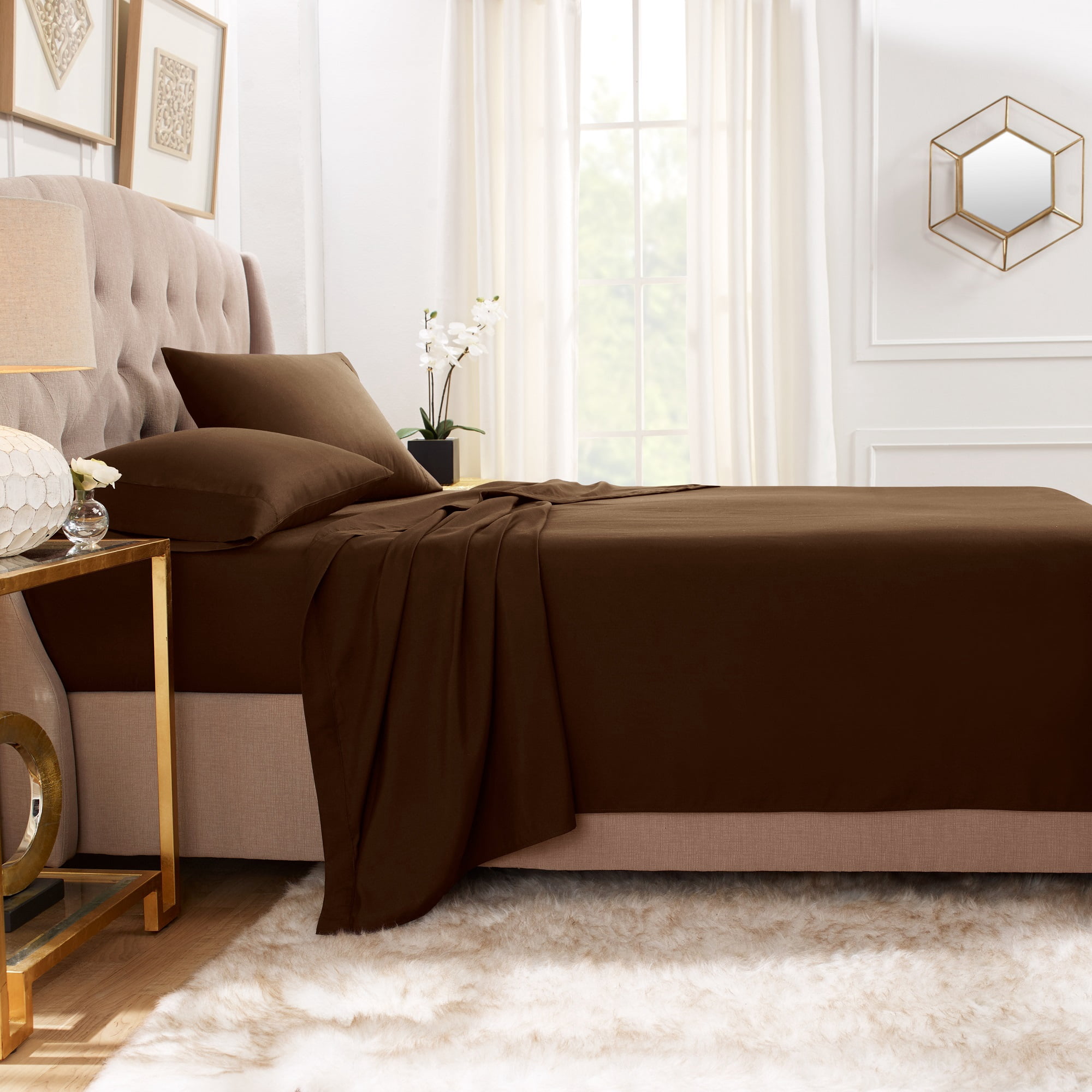Hearth & Harbor Deep Pocket 3 Piece Solid Bed Sheet Set, 1800 Thread Count Microfiber Sheets, Twin-XL, Chocolate