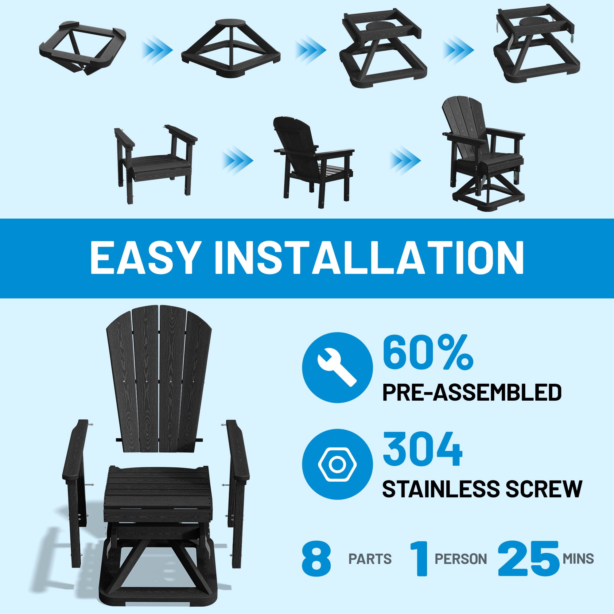 Easthome 360°Swivel Glider Adirondack Chair All-Weather HDPE Outdoor Rocking Chair with Ergonomic Backrest, Outdoor Swivel Rocker for Patio, Porch & Deck - Black