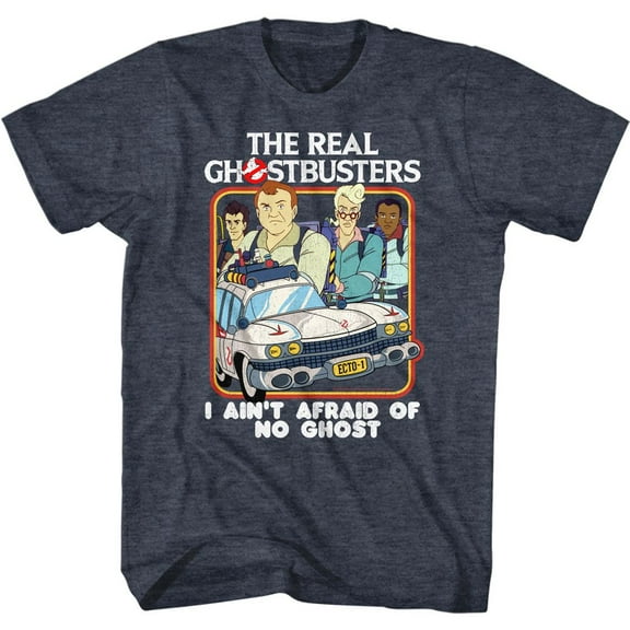 The Real Ghostbusters Busters and Ecto 1 Navy Heather Adult T-Shirt