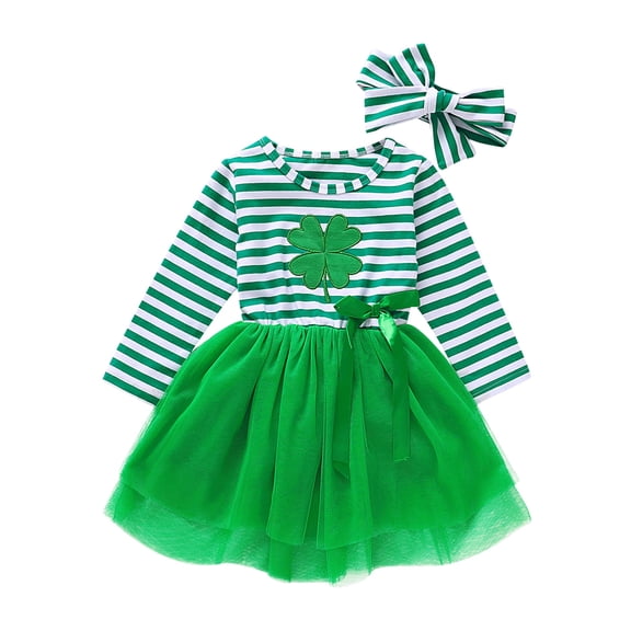 Sunisery Toddler Baby Girls St Patricks Day Outfits Shamrock Dress Striped Mesh Tutu Skirts with Headband