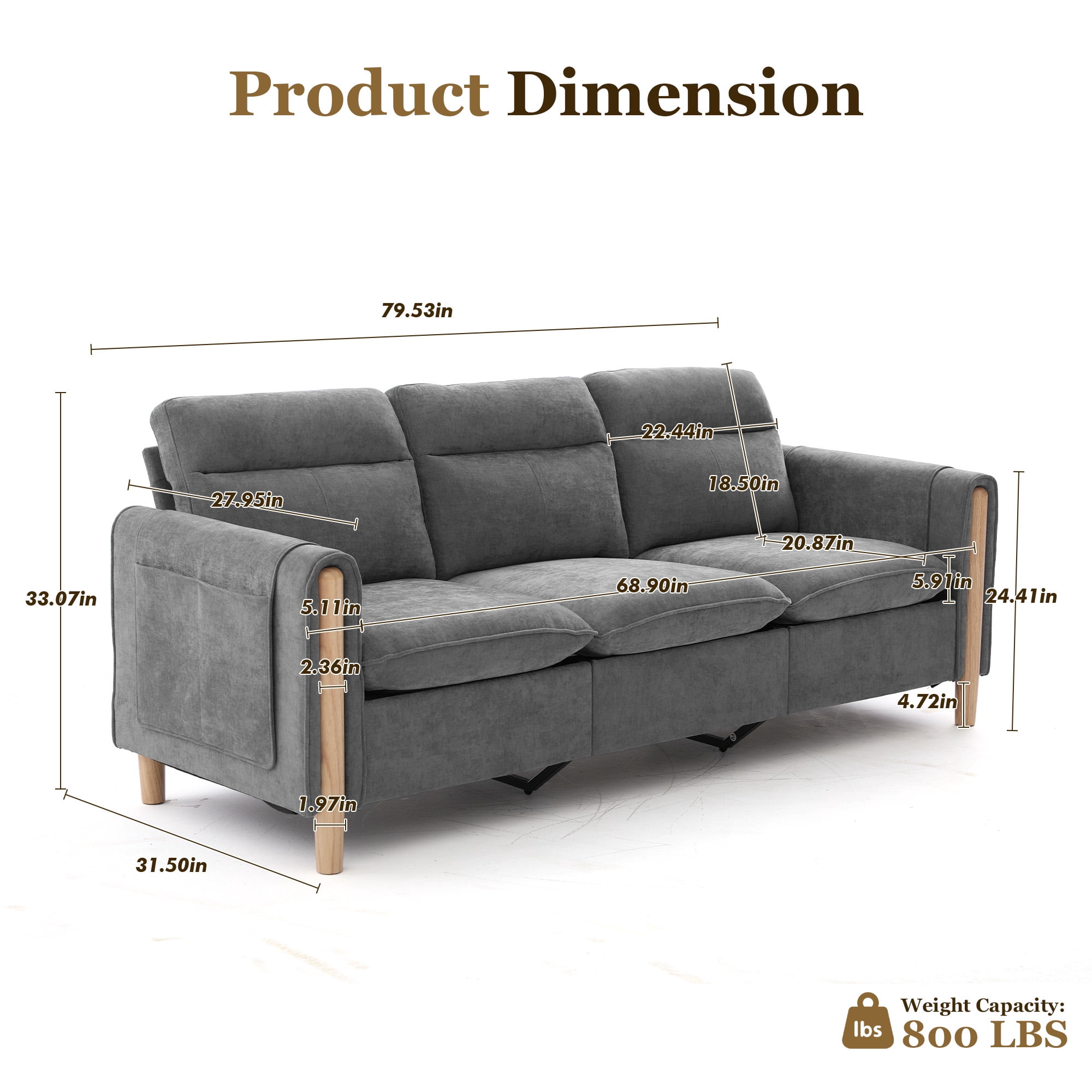 Villeston 3-Seat Sectional Sofa, Oversized Modern Chenille Sofa Couch for Living Room,Gray