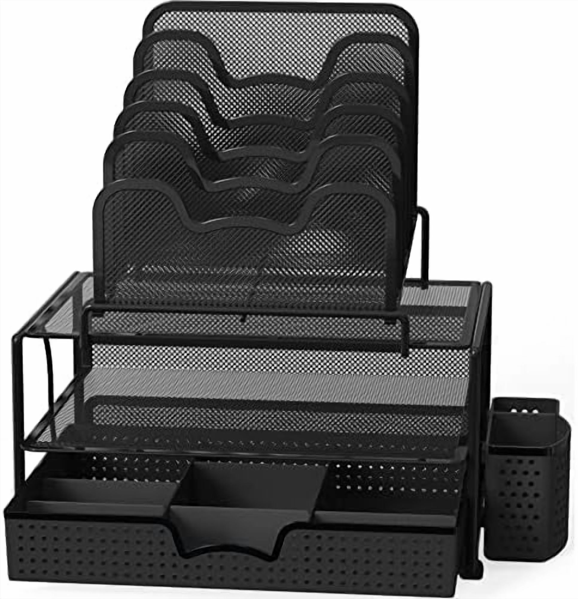 Mesh Desk Organizer with Sliding Drawer, Double Tray and 5 Stacking Sorter Sections, Black