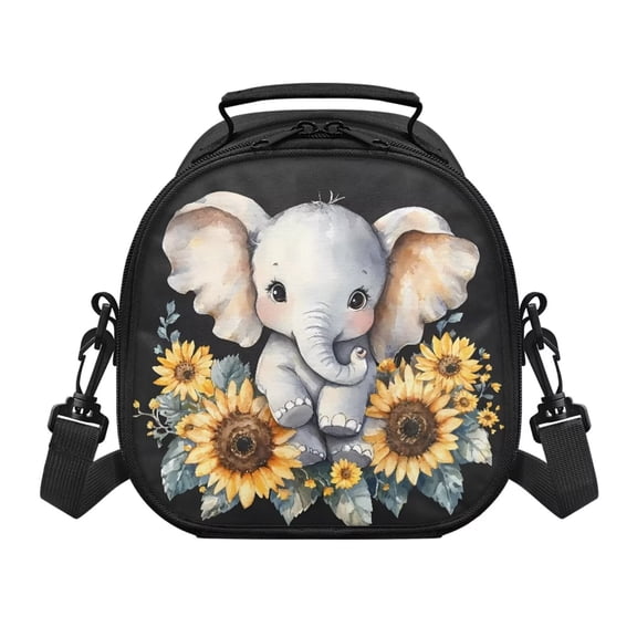 Jeiento Elephant Lunch Box for Girls Boys Toddler Meal Prep Lunch Bag Sunflower Small Insulated Cooler Bag with Shoulder Strap Kids Lunchbox for Kindergarten Primary School Black
