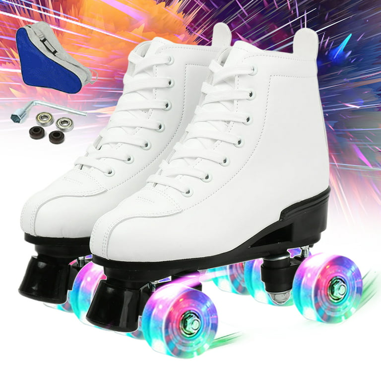 XUDREZ Roller Skates High Top Classic Double-Row Roller Skates Soft Leather  Roller Skates for Women Men with a Shoes Bag,White,8