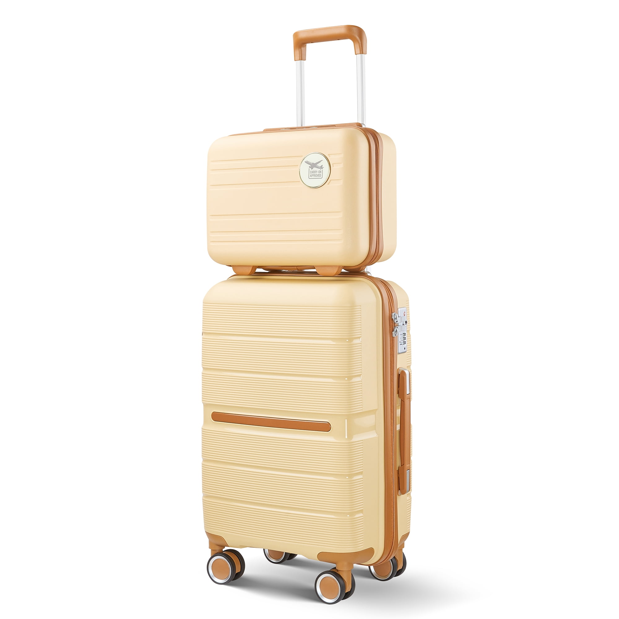 4 Piece PP Hard Shell Luggage Sets,Lightweight& Durable Suitcase with TSA Lock,Airline Certified Carry-on Luggage(14/20/24/28in),Apricot Cream
