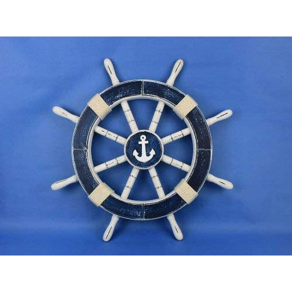 Rustic Dark Blue Ship Wheel with Anchor 18" - Wooden Steering Wheel