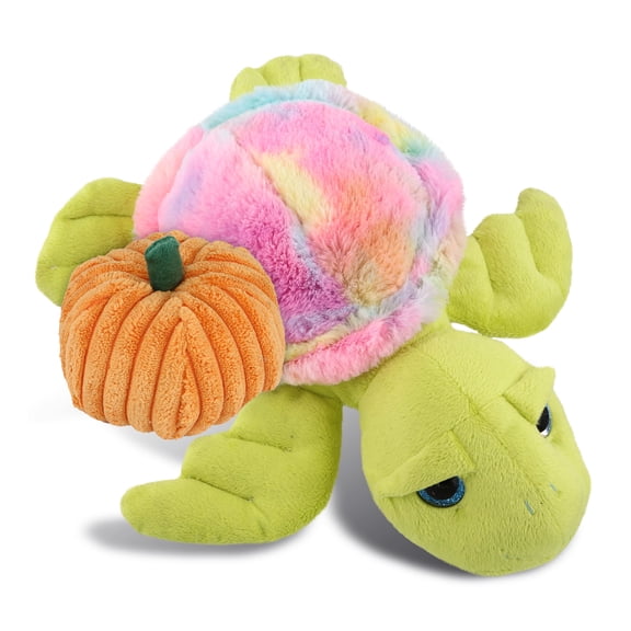 DolliBu Super Soft Plush Rainbow Green Sea Turtle Stuffed Animal with Pumpkin Decor - Pumpkin Plush Animal for Fall, Halloween and Thanksgiving, Pumpkin Toy for Baby, Kids, Adults - 10 Inches