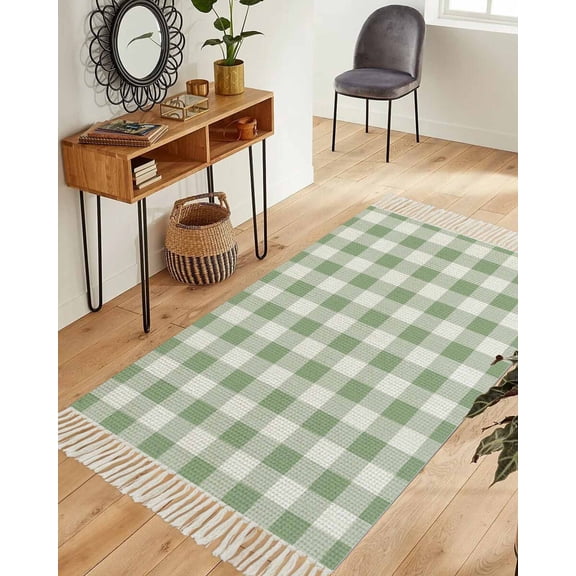 Sage Green Checkered Washable Area Rug 3'x5', Farmhouse Buffalo Plaid Woven Cotton Tassels Kitchen Rugs, Non Slip Indoor Door Mat Throw Carpet for Entryway Living Room Nursery Laundry Room