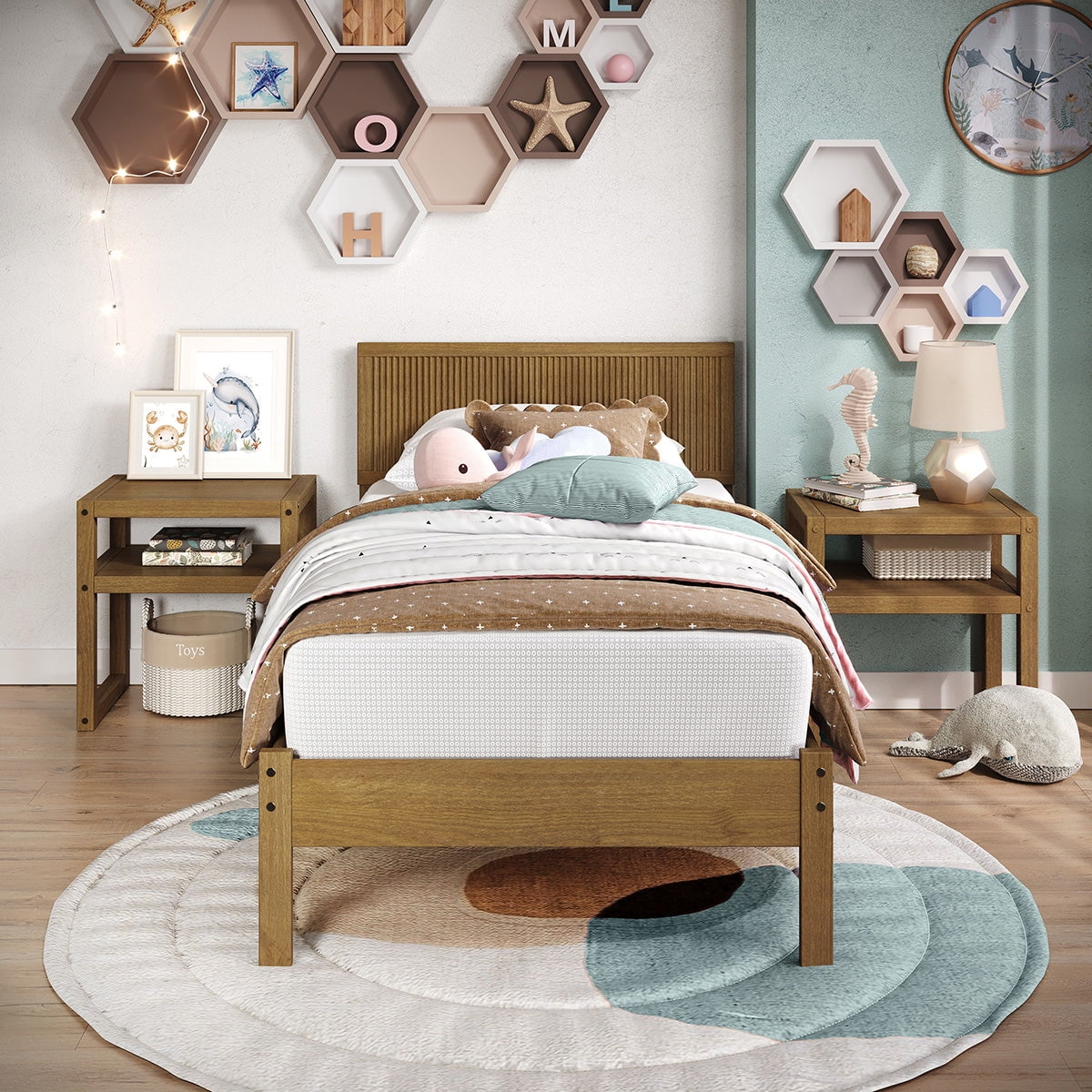 P'kolino Reeded Wood Twin Bed Frame with Headboard- Solid Wood, Natural Oak, for Kids, Teens