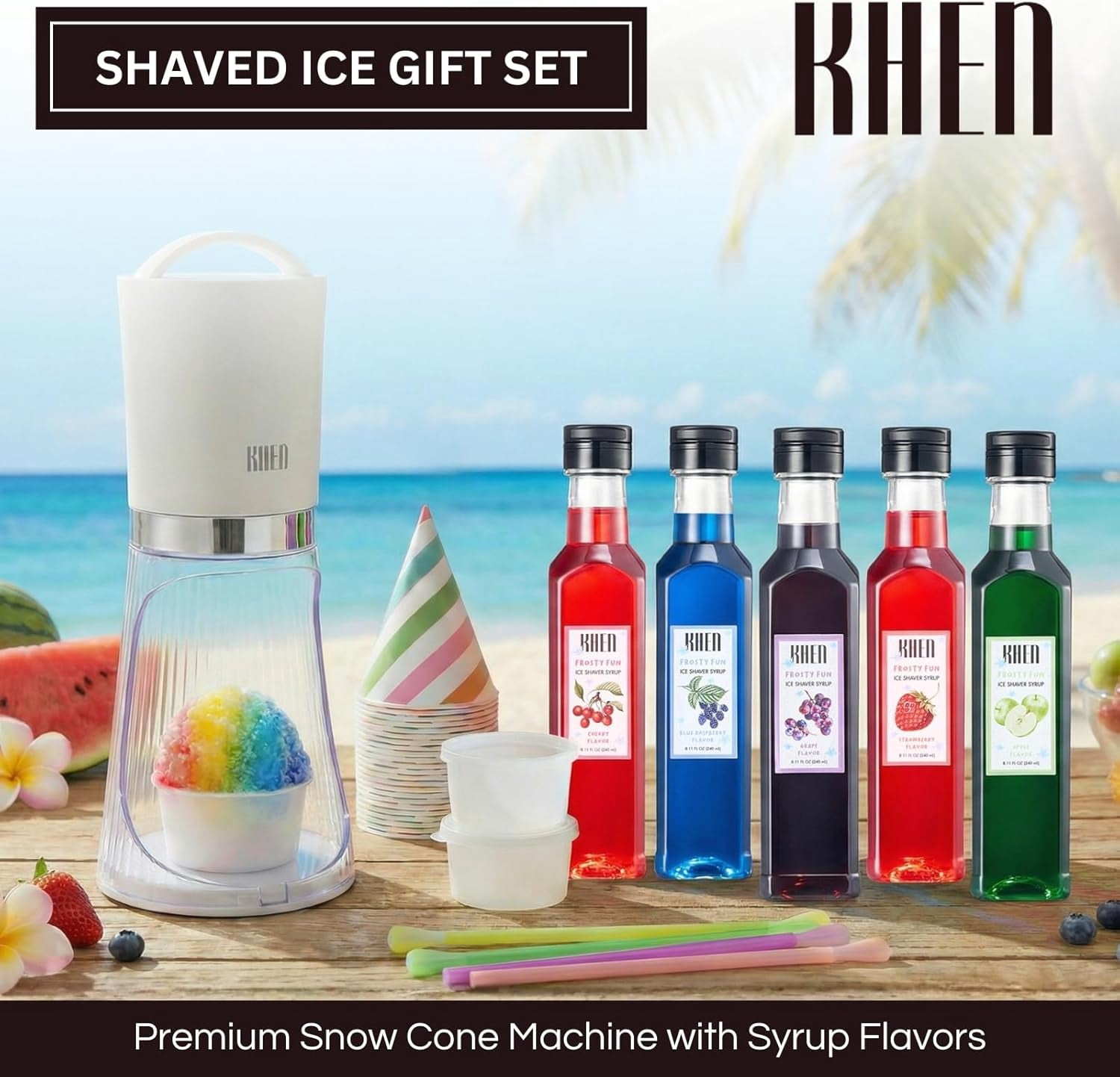 Snow Cone  Gift Set with 5 Syrup Flavors, Electric Shaved Ice Maker for Kids & Adults