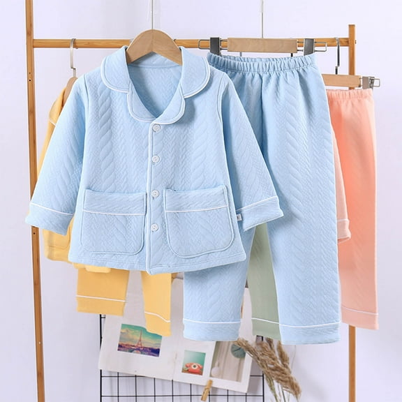 fnnxnal Toddler Breathable Cotton Pajama Set - 4-5T Light Blue, Quilted Sleepwear with Button-Front Top & Elastic Waist Pants for Toddlers