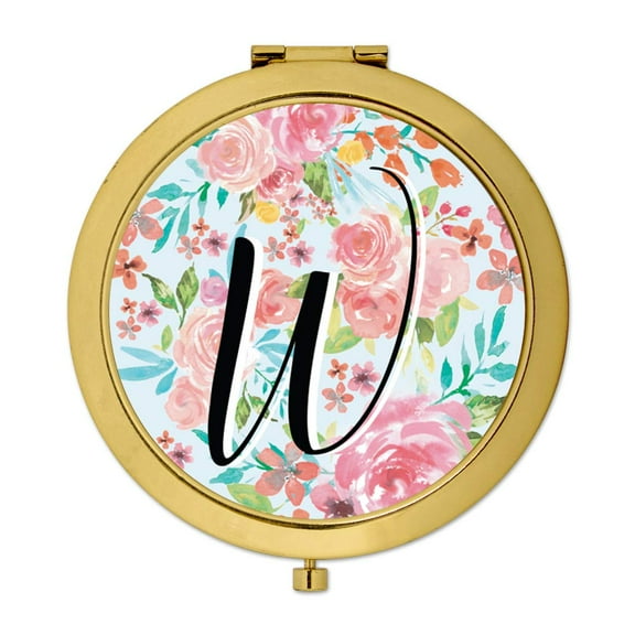 Koyal Wholesale Compact Mirror Bridesmaid's Wedding Gift, Gold, Monogram Letter W, Tea Party Pink Floral Flowers, 1-Pack