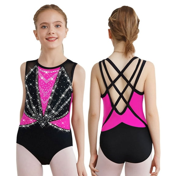 XUNZOO Gymnastic Leotards for Girls Ballet Dance Bodysuits Rhinestones Sleeveless Figure Skating Jumpsuit Hot Pink 10