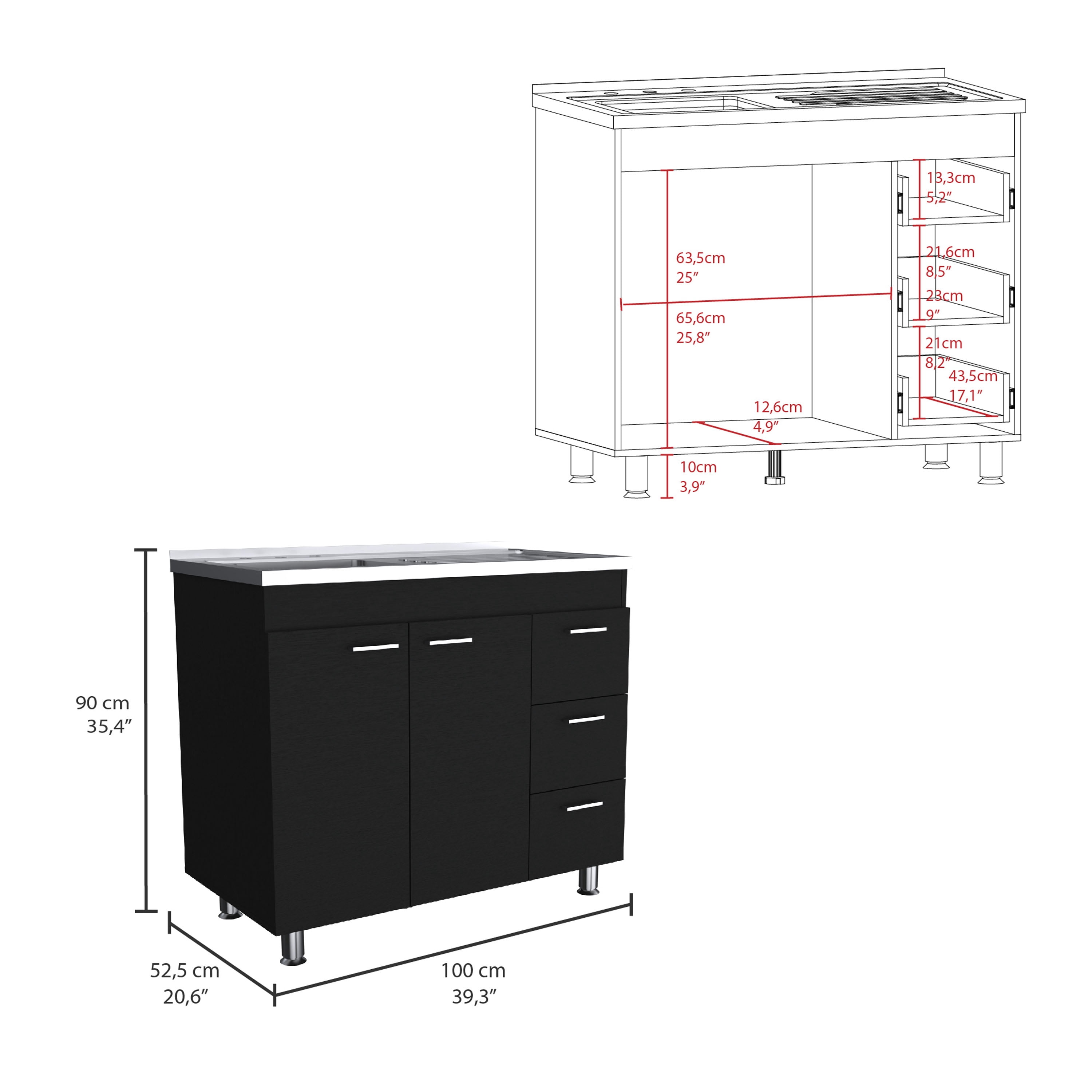Izzovium Ferretti Utility Sink with Three Drawers and Double Door Cabinet, 39.4in L x 20.4in W x 30.8in H, Black, Particle Board Construction for Laundry or Kitchen