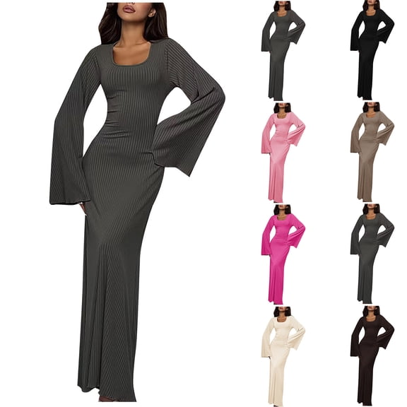 YHAJDS Women's Casual Dress,Long Sleeve Long Dress for Women Neck High Waist Flared Sleeve Solid Color Back Detail Ribbed Fabric Maxi Dress