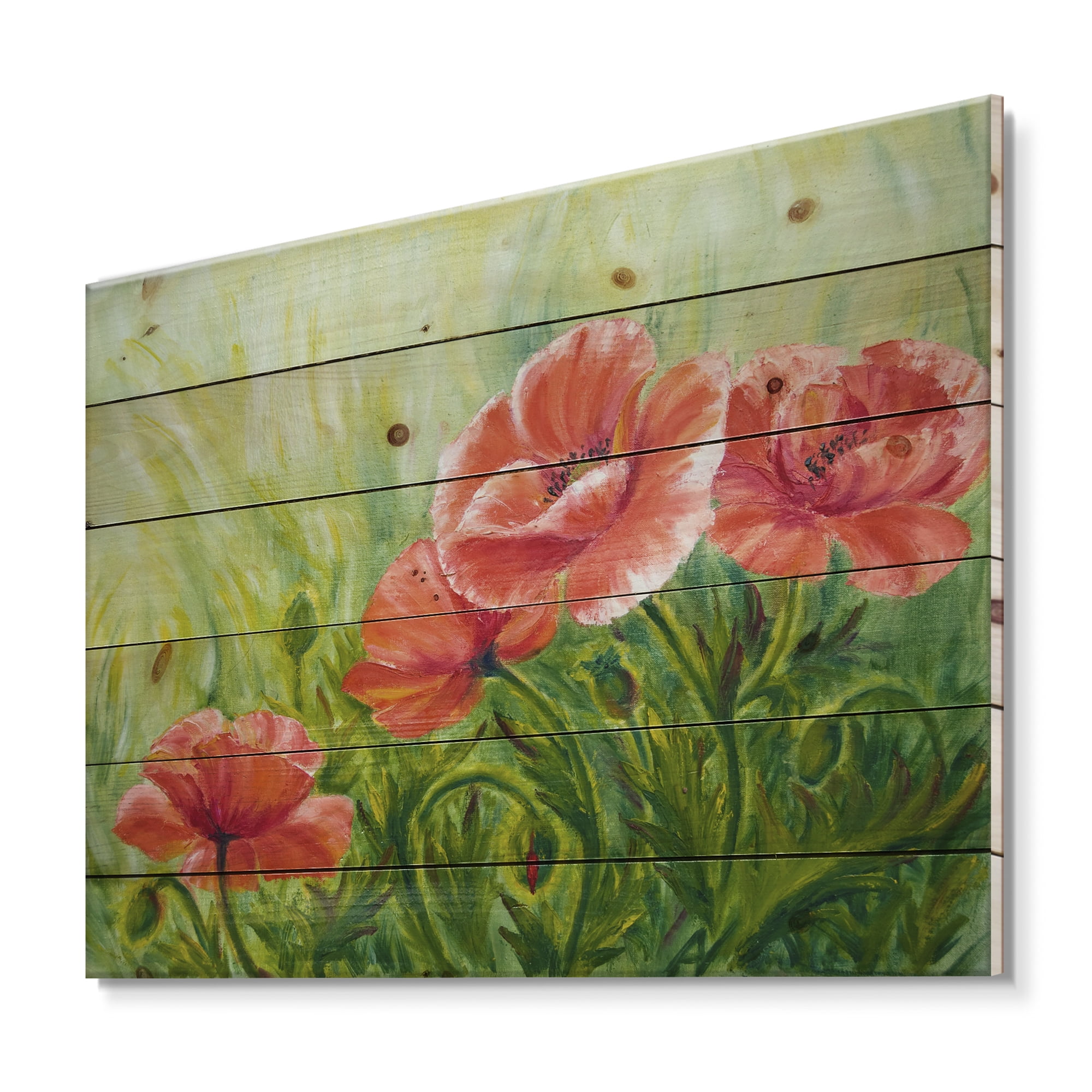 Designart 'Red Blossoming Poppies Over Wild Green III' Traditional Print on Natural Pine Wood