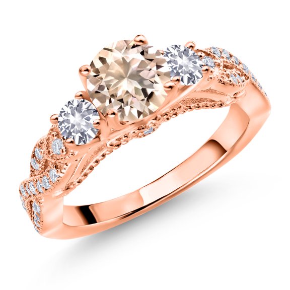 Gem Stone King 18K Rose Gold Plated Silver Peach Morganite White Created Sapphire and White Moissanite Engagement Ring for Women (1.13 Cttw, Gemstone October Birthstone, Round 6MM and 3MM, Size 6)