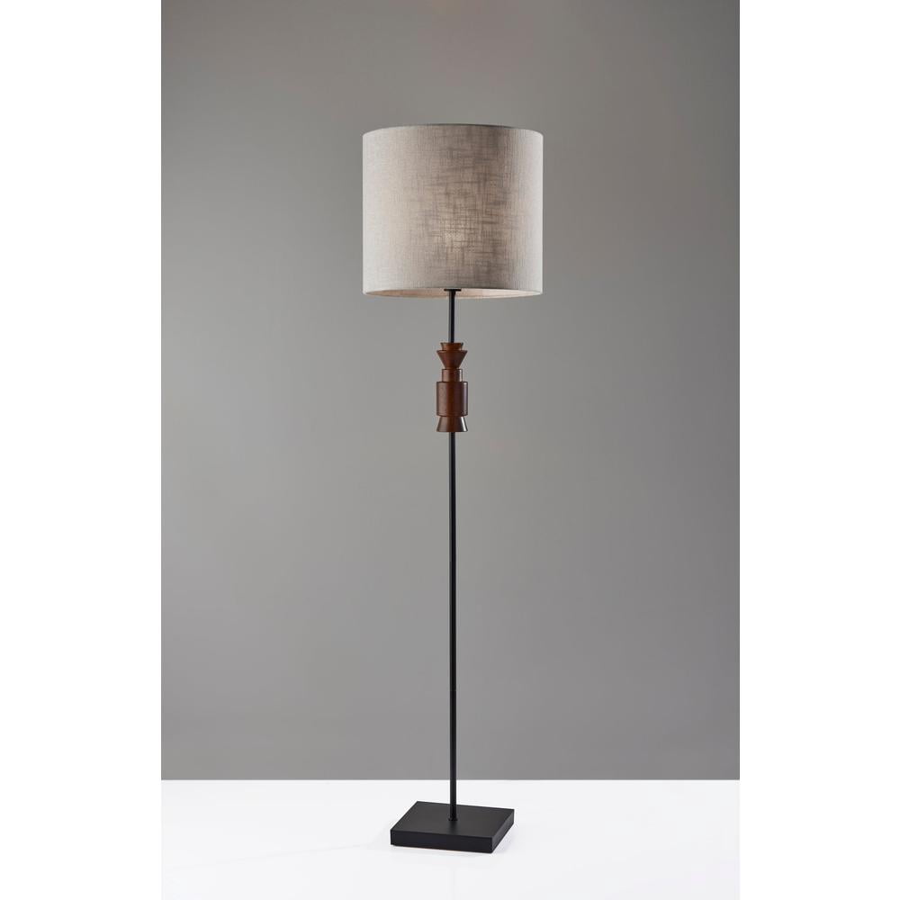 Adesso Elton Floor Lamp, Black + Walnut Wood Base, Light Beige Textured Fabric Shade