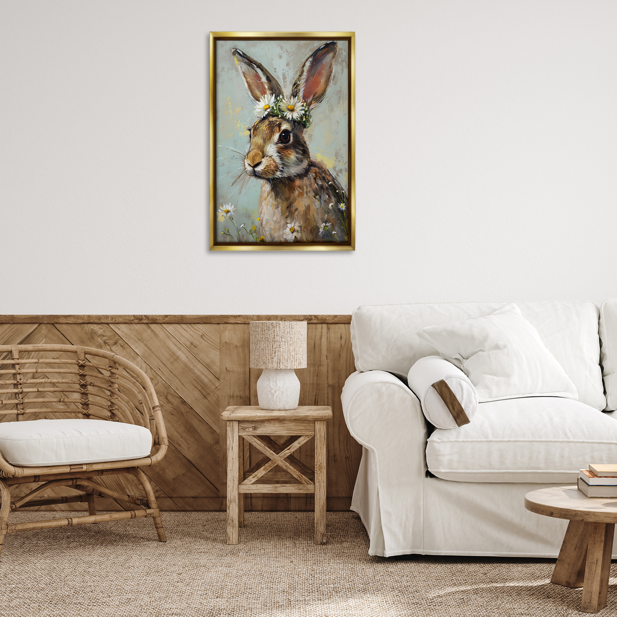 Stupell Industries Bunny & Daisy Crown Animals & Insects Painting Gold Floater Framed Canvas Art Print Wall Art, 21 x 31