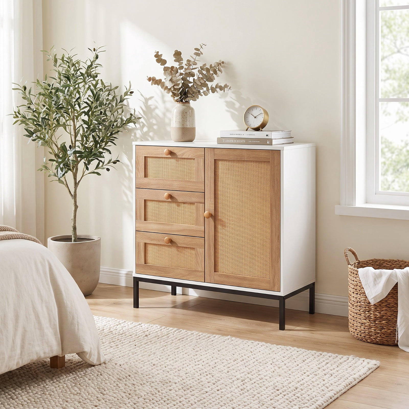 Furnibear Rattan Sideboard Buffet Cabinet with 1 Door and 3 Drawers for Kitchen Dining Living Room Buffet Storage Server, White