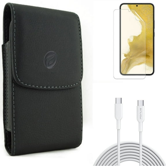Case Belt Clip & Matte Screen Protector & 6ft Long Type-C Cable for Samsung Galaxy S22 (6.1") - Leather Holster & TPU Film Anti-Glare & PD Fast Charger Cord Power Accessory Bundle