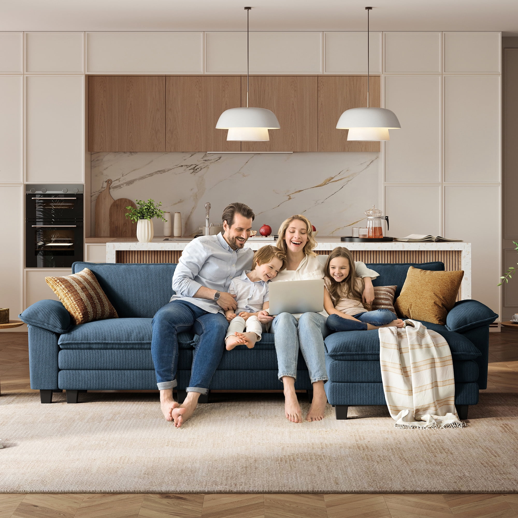 LINSY HOME Modular Sectional Sofa with 2 Movable Ottomans, 4-Seat U Shaped Cloud Couch for Living Room, Blue