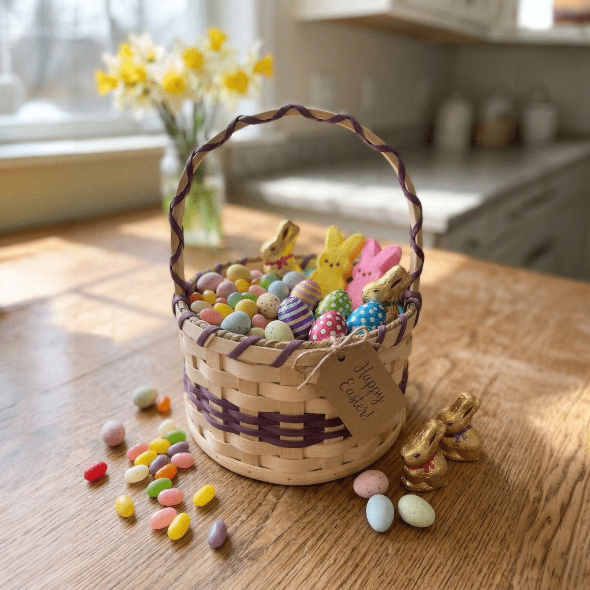 Amish Made Small Easter Basket With Solid Oak Bottom and Handle (Turquoise)