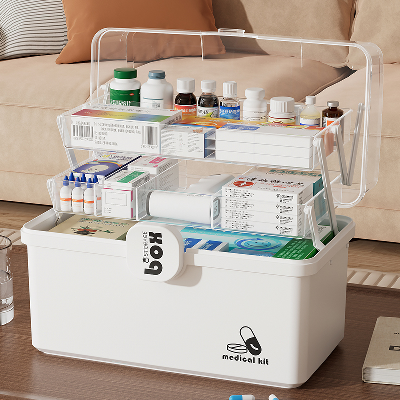 3-Tier Medicine Box Organizer, Large Capacity with Transparent Lid & Lock, Portable Medication Organizer for Home and Travel Use, 7.28"L x 13.38"W x 9.44"H