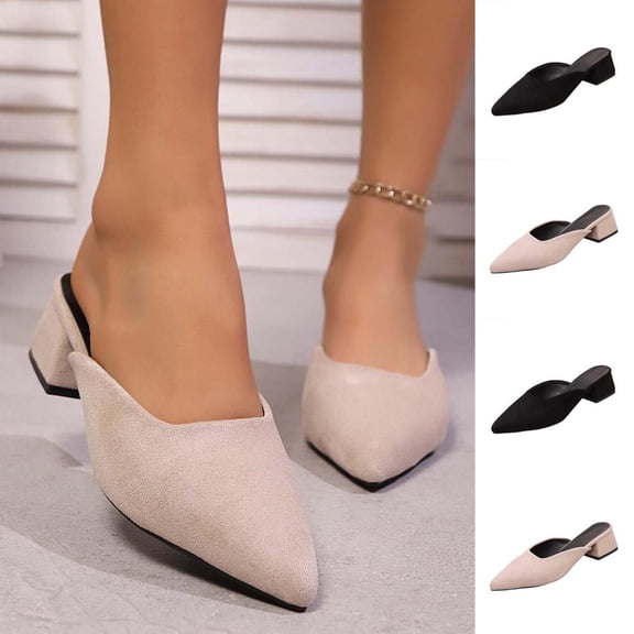 Bxsruta Women's Pointed-Toe Slip-On Mules with Low Block Heel, Soft Breathable Fabric for Versatile Casual and Office Wear
