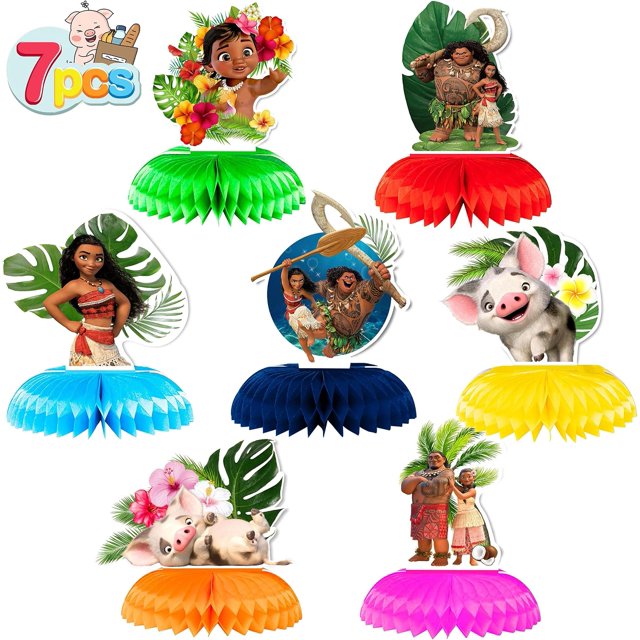 7Pcs Honeycomb Centerpieces for Moana Party Supplies, Double Sided Table Birthday Decorations Centerpieces Party Favors, Baby Shower Cake Topper Photo Booth Props Party Gifts