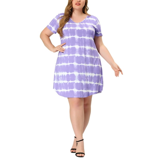 Vestido De TalGrande PaMujer, Túnica, Cuello En V, ManCorta, Dobladillo Redondo, Teñido Anudado, VestidosMedPierMorado claro 4X