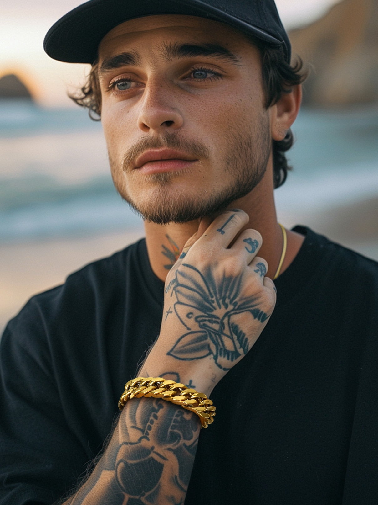 FaithHeart Cuban Curb Link Bracelets for Men, Gold Plated Stainless Steel Chain Wrist Bracelets Hip Hop Jewelry Gifts for Son Boyfriend Father's Day Christmas 17MM Width